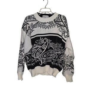 Vintage 80s Black & White Paisley Knit‎ Wool Blend Sweater Large Holiday Retro